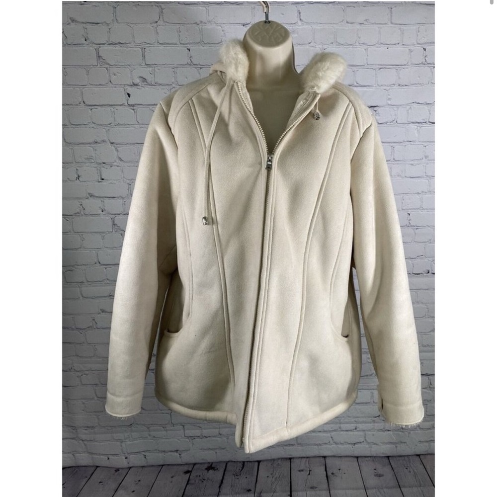 Coldwater Creek Cream Full Zip Faux Fur Hooded Jacket Womens 1X